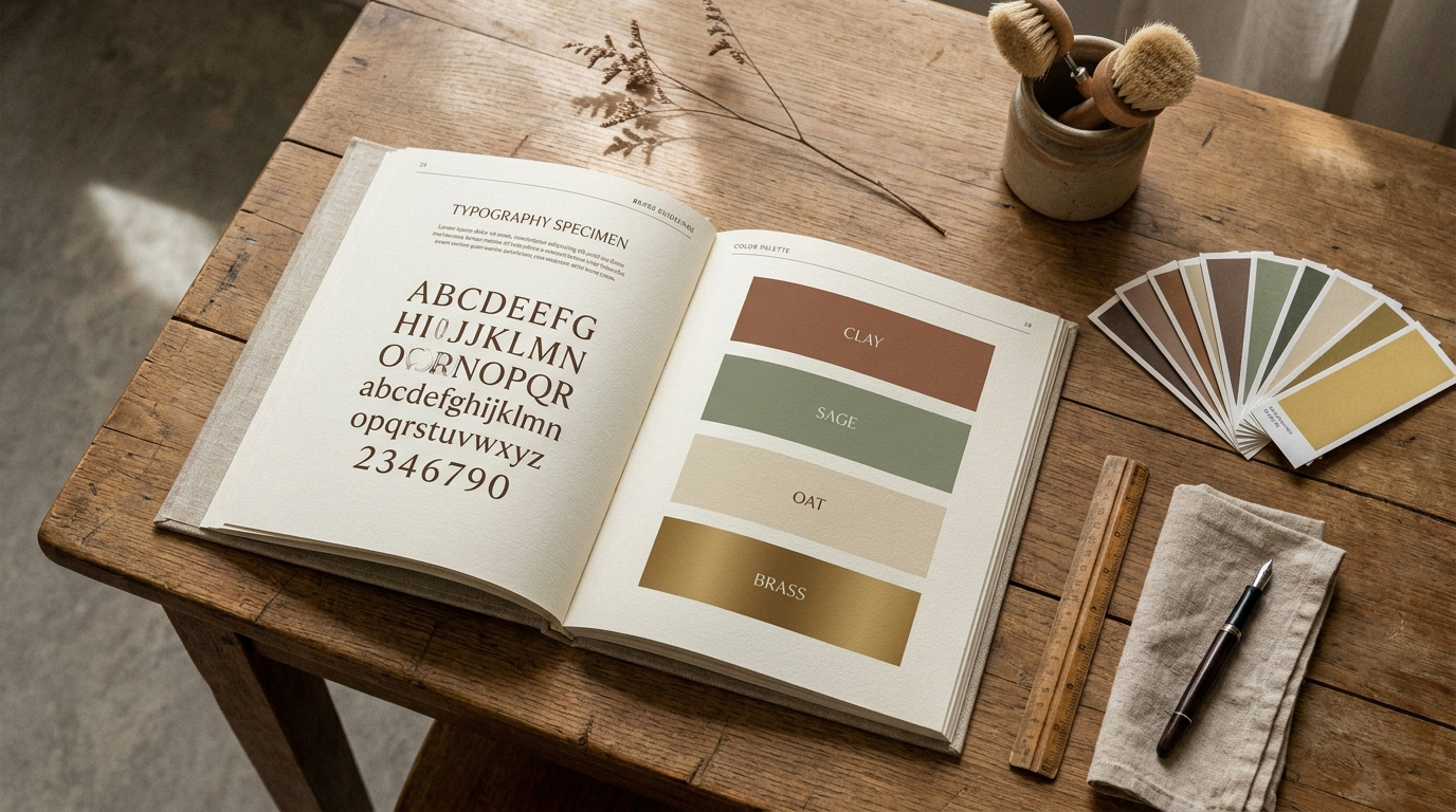 Open brand guidelines book on a warm oak desk showing a typography specimen on the left page and a color palette on the right, beside fanned color swatches and a fountain pen
