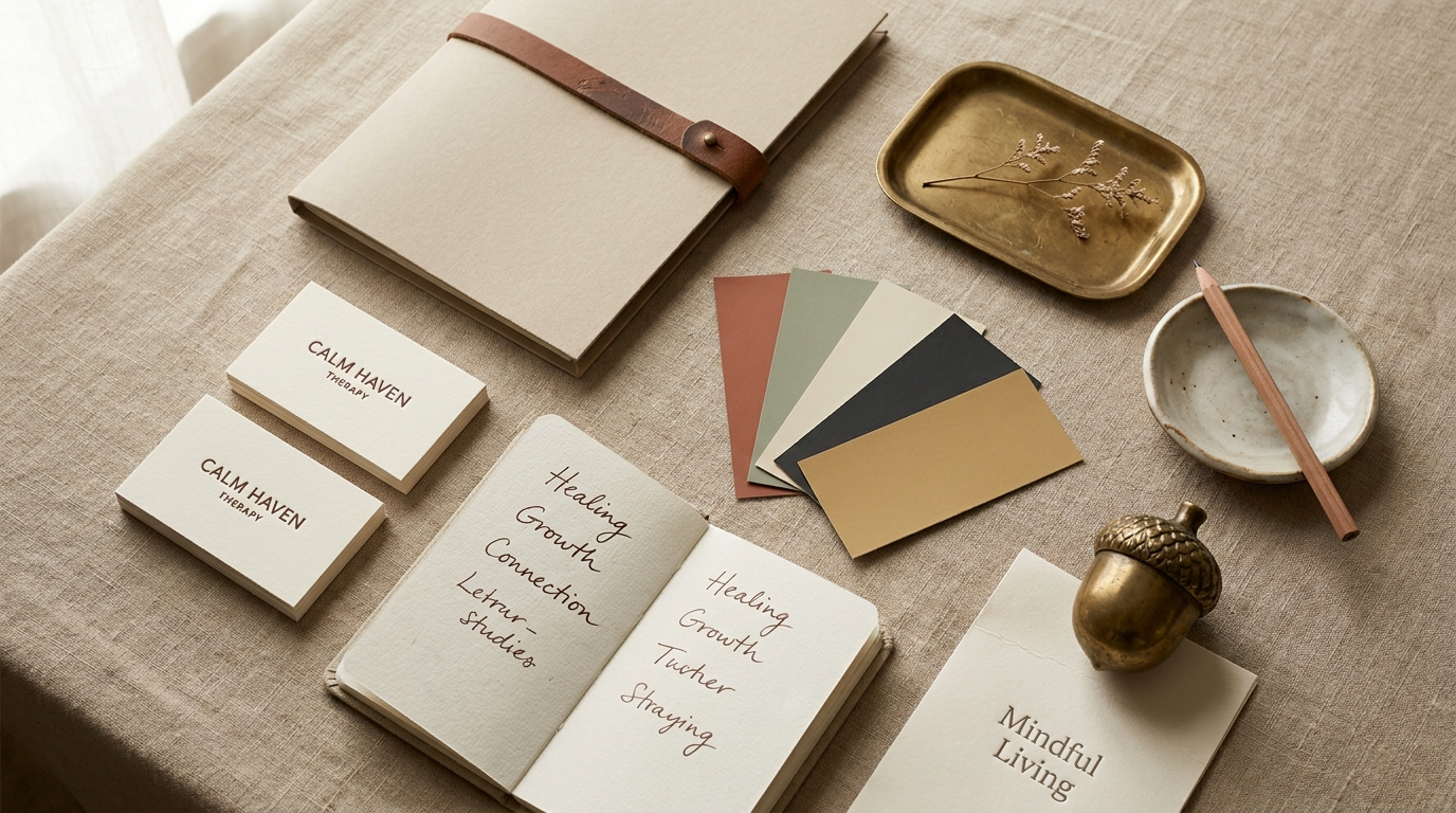Overhead flat lay of a complete brand identity system: business cards, intake folder, color swatches, brand book, fountain pen, and dried botanicals