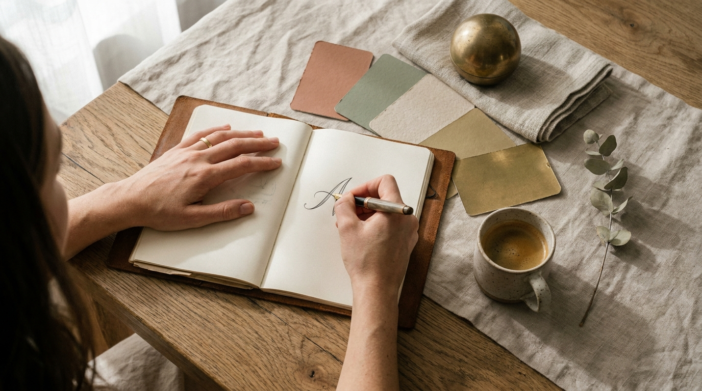 Hands sketching a brand mark in a leather notebook with a fountain pen, color swatches, brass paperweight, and dried eucalyptus on a warm oak desk