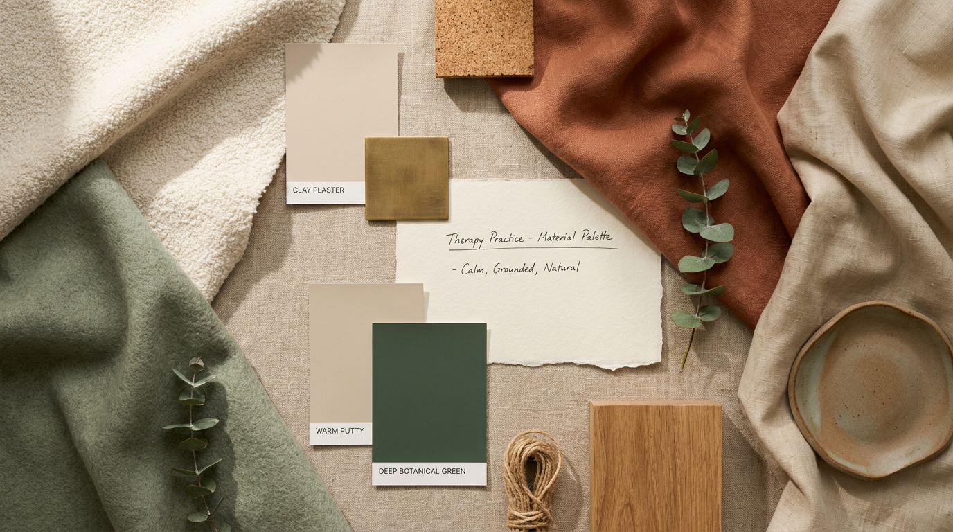A curated material moodboard for a therapy brand: fabric samples in cream, sage, and terracotta, paint chips, brass and ceramic samples, eucalyptus, and jute on oat linen