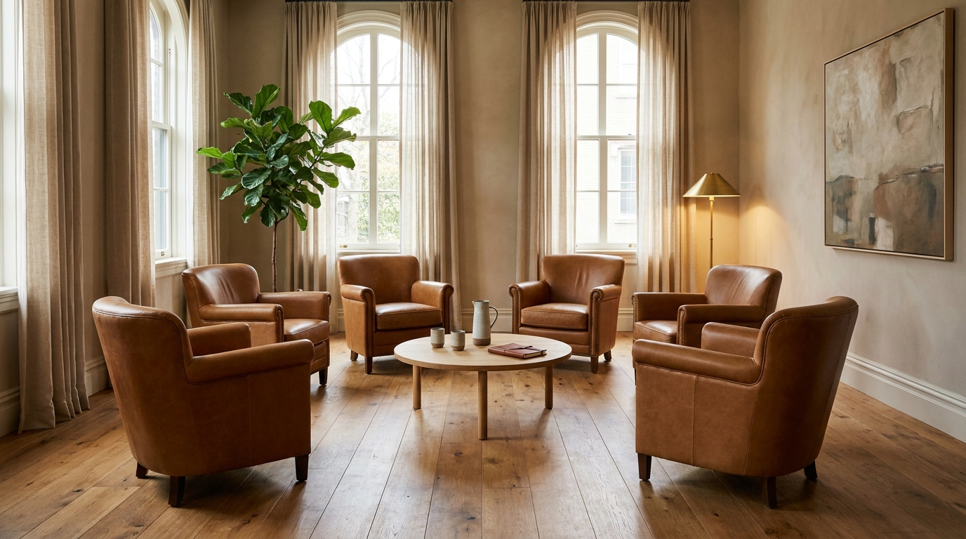An intimate empty workshop room set up for a therapist leadership retreat: caramel leather club chairs around an oak table, a fiddle leaf fig, warm afternoon light through arched windows