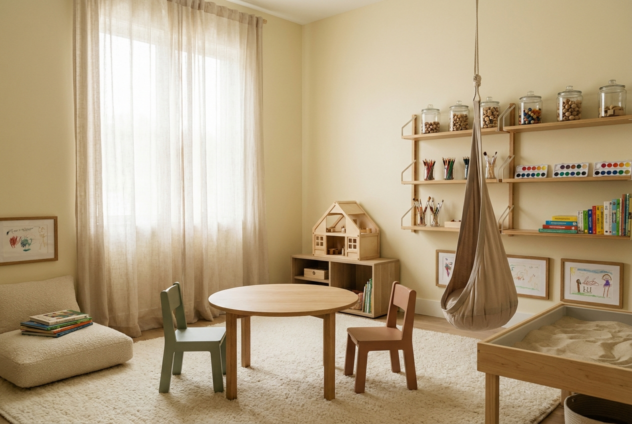 Child and family therapy play office with sand tray, sensory swing, and Montessori furniture