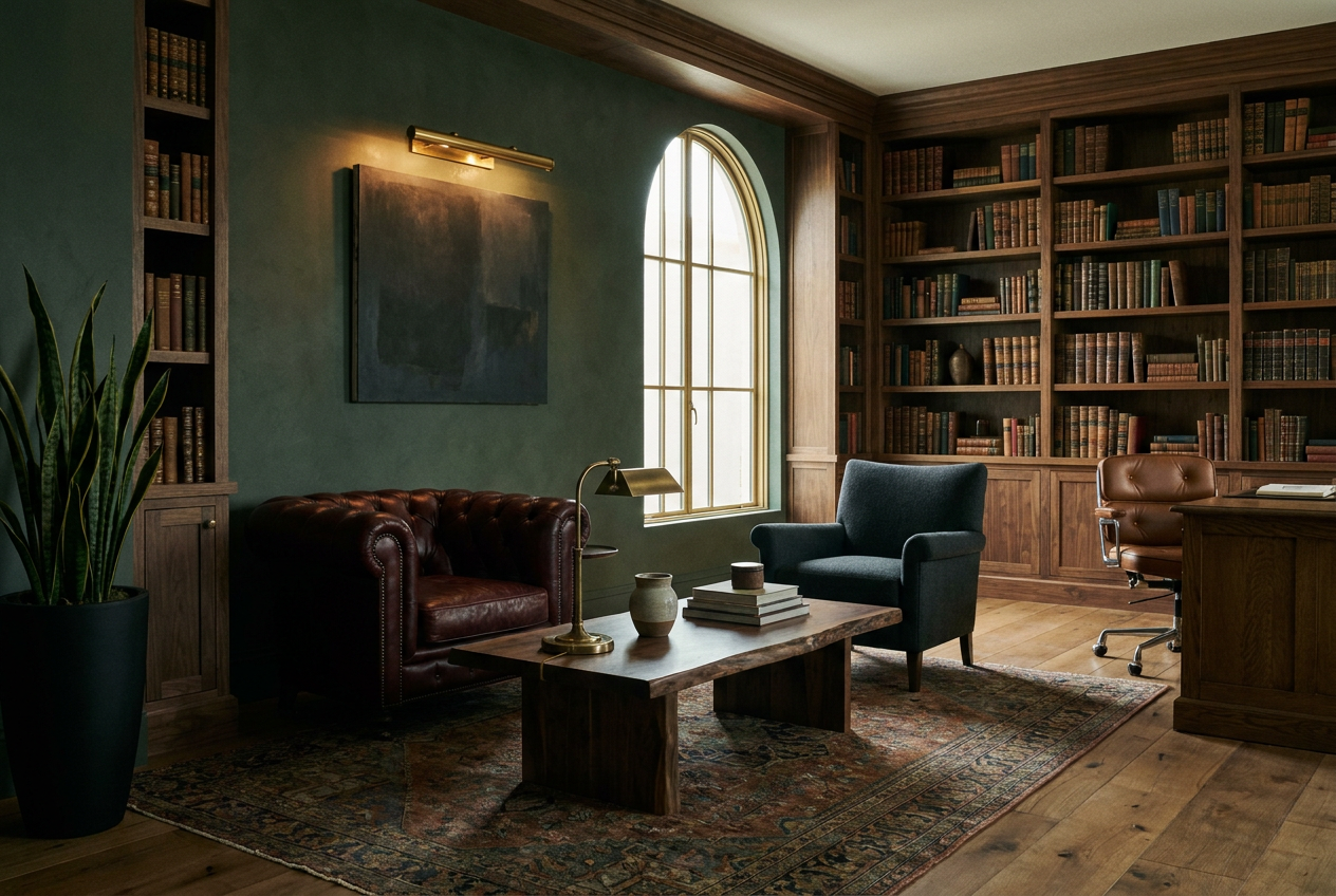 Masculine clinician office with walnut, oxblood leather, and deep forest plaster walls