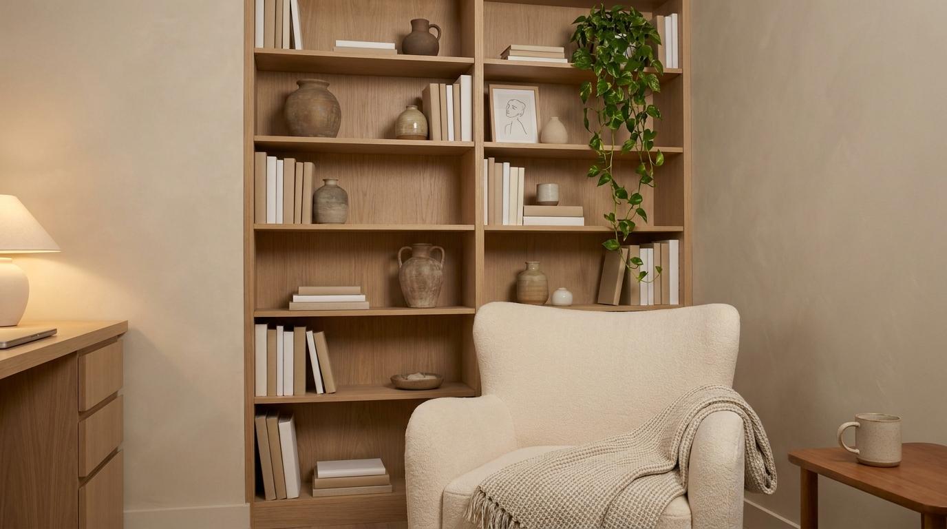 Telehealth setup with three-point lighting, styled bookshelf, and broadcast-quality framing