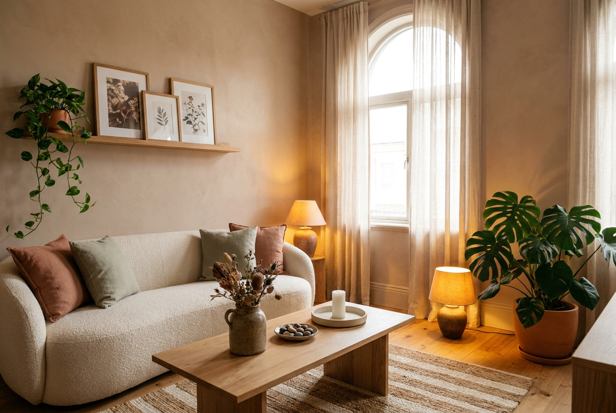 Warm feminine therapy office with cream boucle, clay plaster, and natural light
